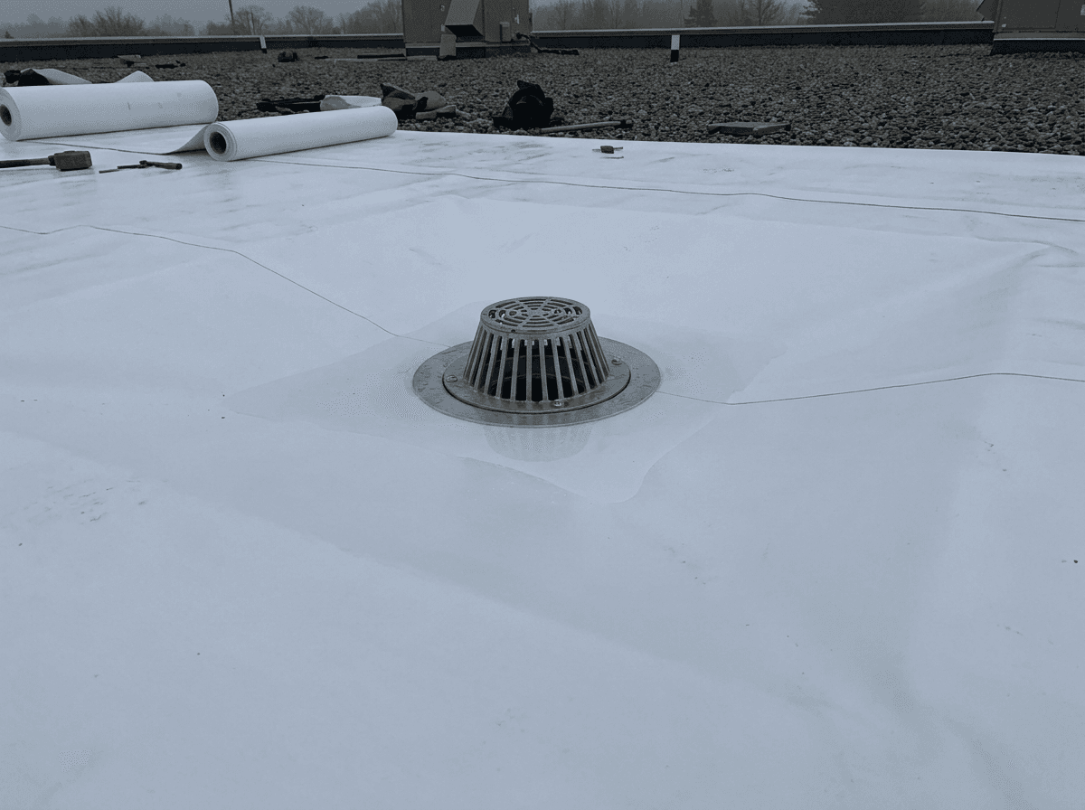 Drain de toit plat avec pentes menant l'eau au drain