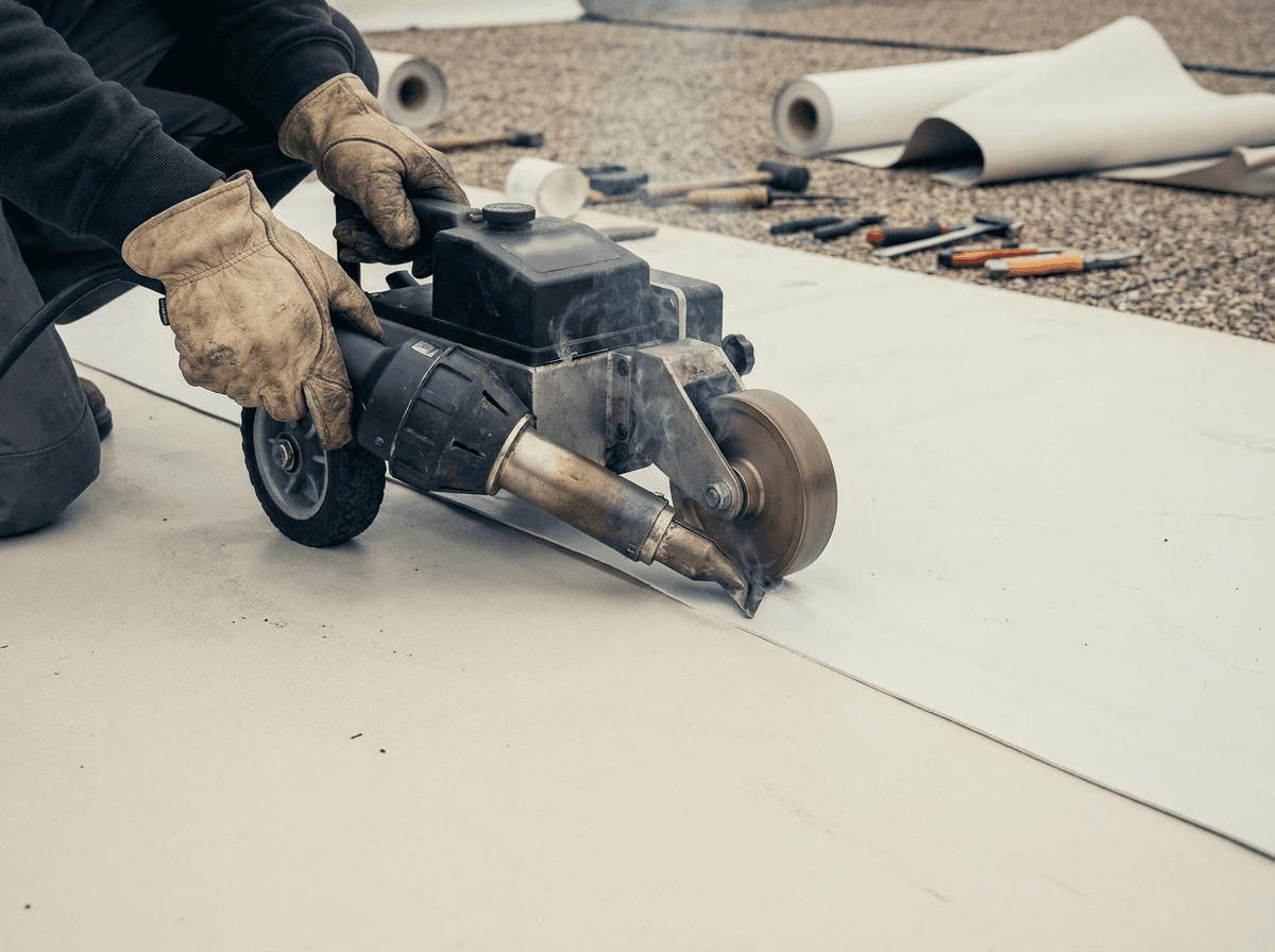Soudure d'un joint de membrane TPO sur un chantier