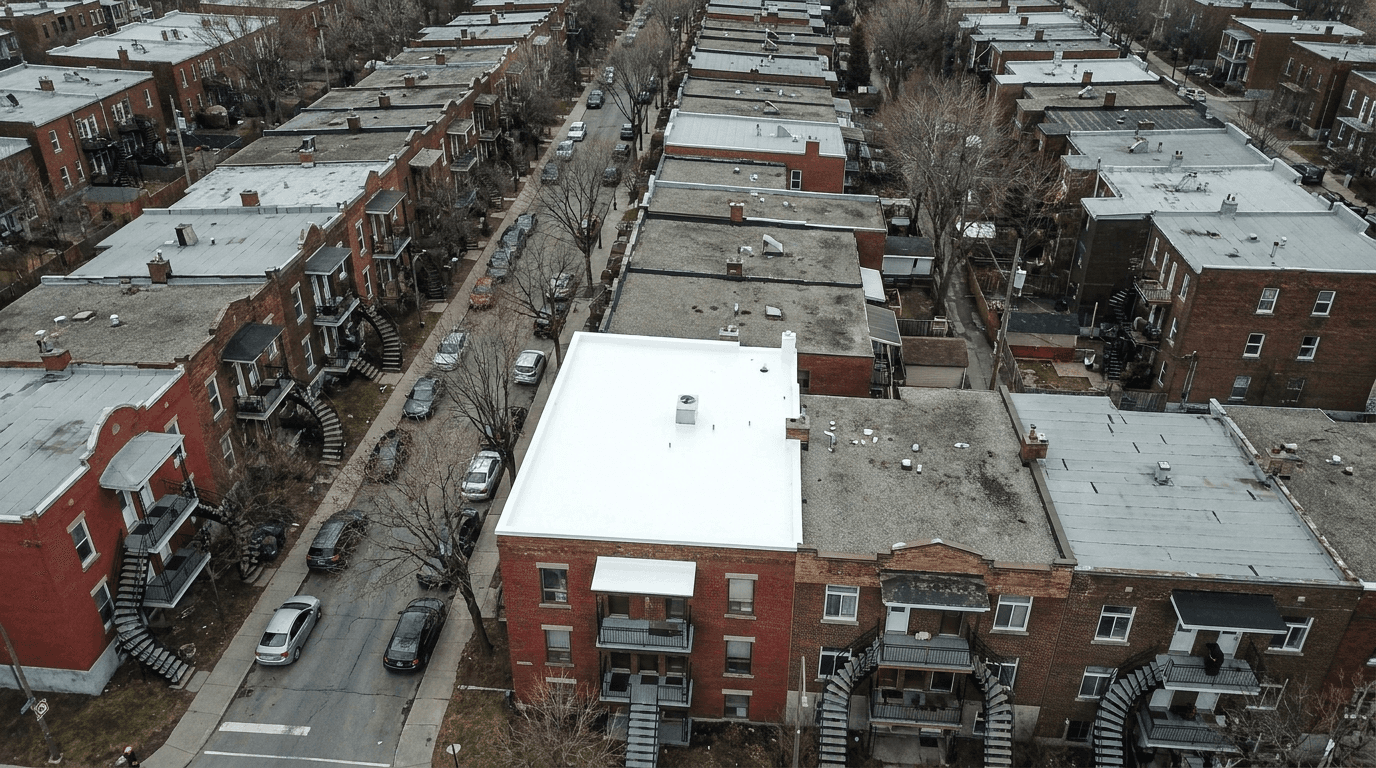 Toit blanc TPO, vue aérienne d'un plex montréalais